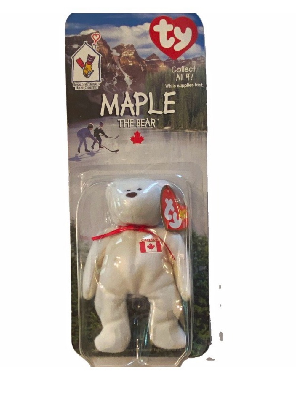 Ty Maple The Bear Plush Keychain - White with Red Accent